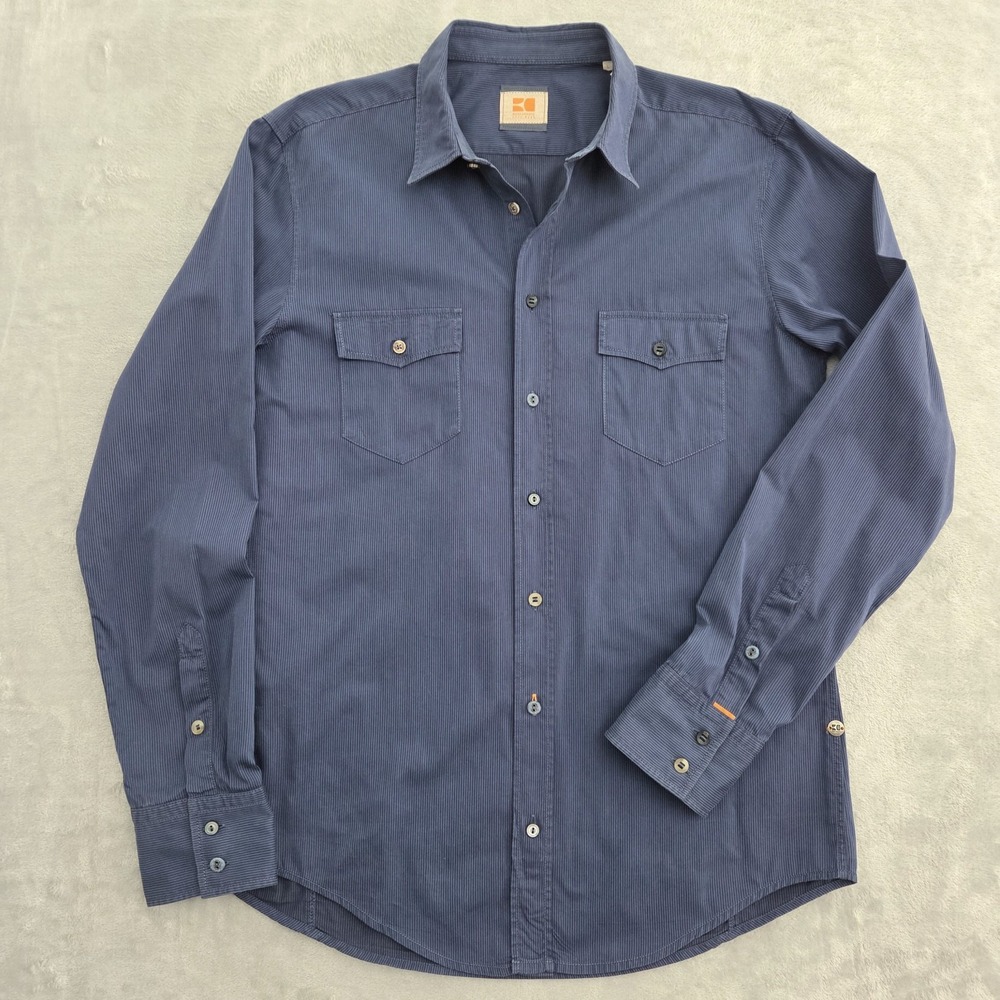 BOSS Orange Hugo Boss Button Up Work Shirt Men L Eddaie Blue Striped Long Sleeve